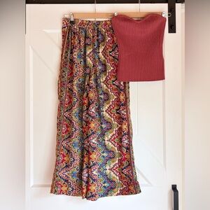 Anthropologie Boemo Paisley Wide Leg Pants + Ba&sh Ribbed Crop Top Boho Set